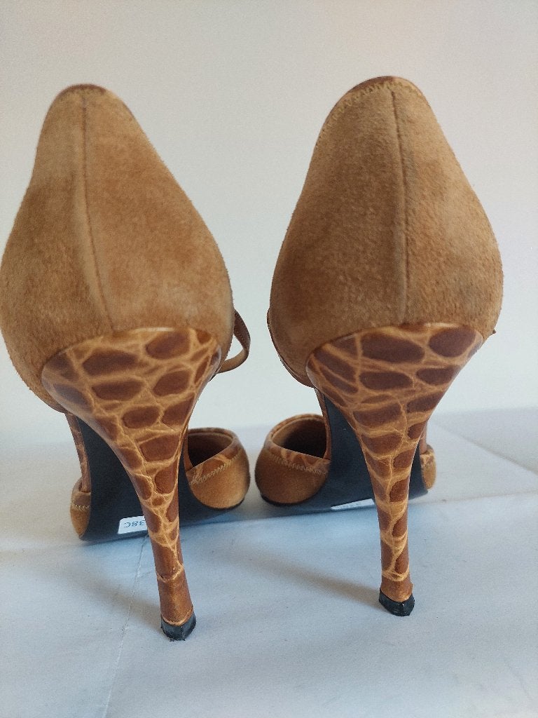 338C* Casadei - Bruin/okerkleurige leren pumps hoge hak 36,5, Kleding | Dames, Pumps, Bruin, Verzenden, Gedragen