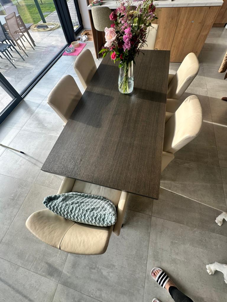 Eettafel met 6 lederen stoelen met wieltjes, Huis en Inrichting, Ophalen, Gebruikt, Modern, 4 tot 6 stoelen