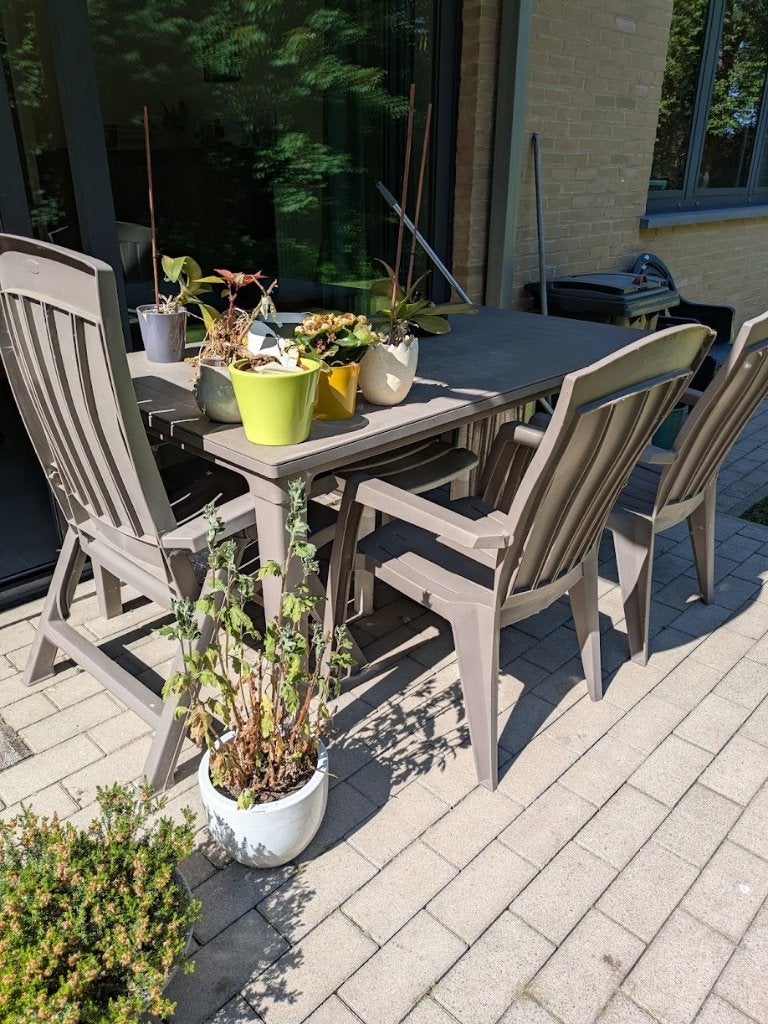 Tuinset tafel + 3 stoelen, Ophalen, Kunststof, Gebruikt, 3 zitplaatsen