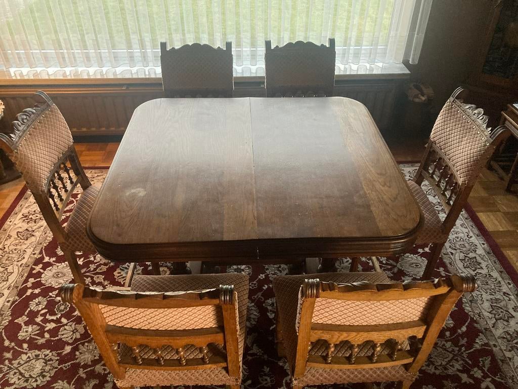 Antieke tafel met 6 stoelen, Huis en Inrichting, Ophalen, Gebruikt, 4 tot 6 stoelen