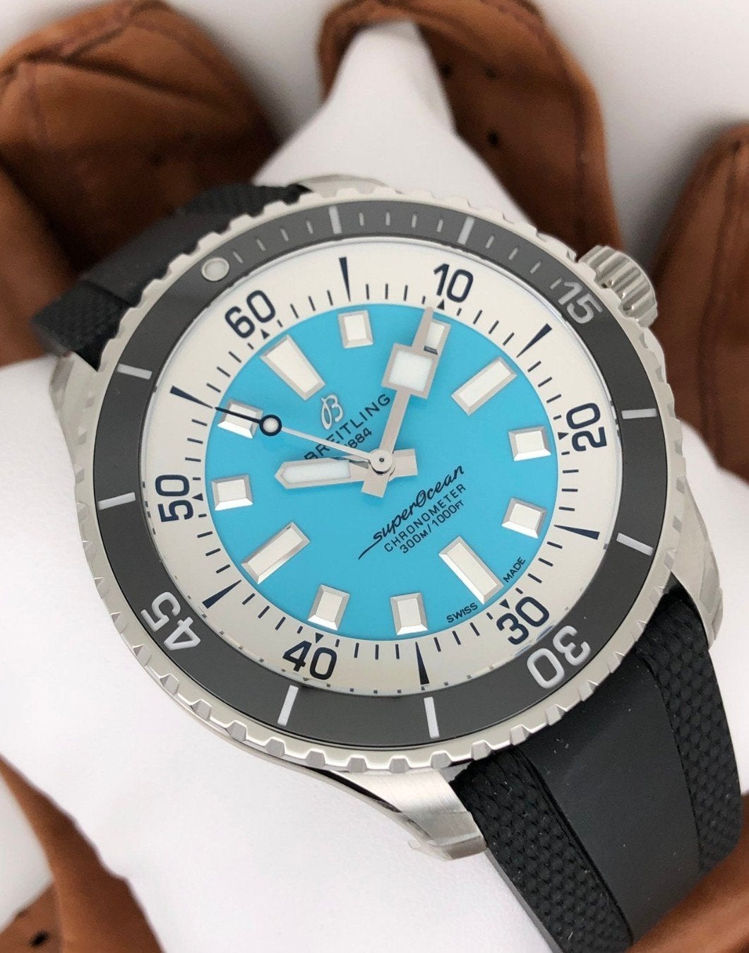 Breitling Superocean Automatic 44 — Turkoois — Volledige set, Handtassen en Accessoires, Horloges | Heren, Ophalen of Verzenden