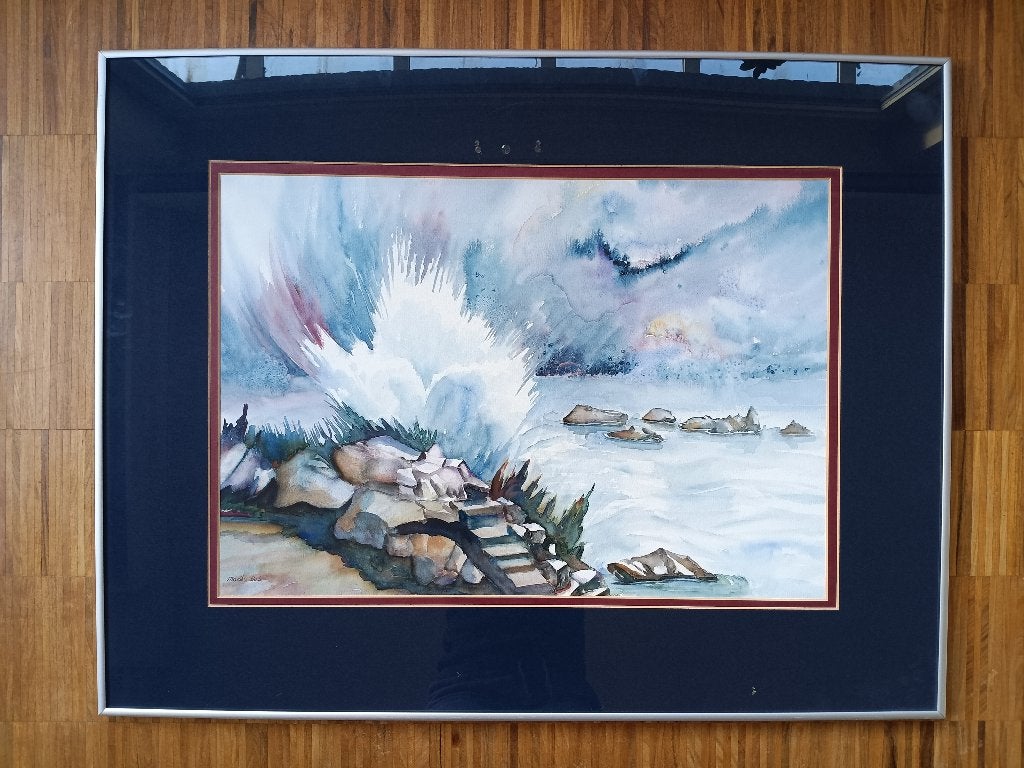 Grote aquarel, gesigneerd, professioneel ingelijst, Antiek en Kunst, Ophalen of Verzenden