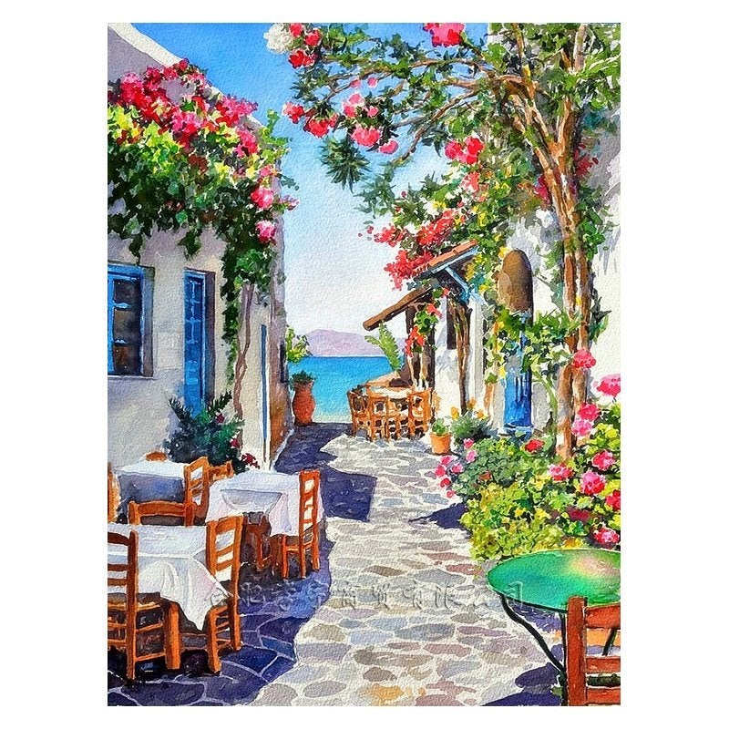 Peinture au diamant 50x40cm terrasse en bord de mer n 946, Neuf, Multicolore, Diamond painting, Autres matériaux