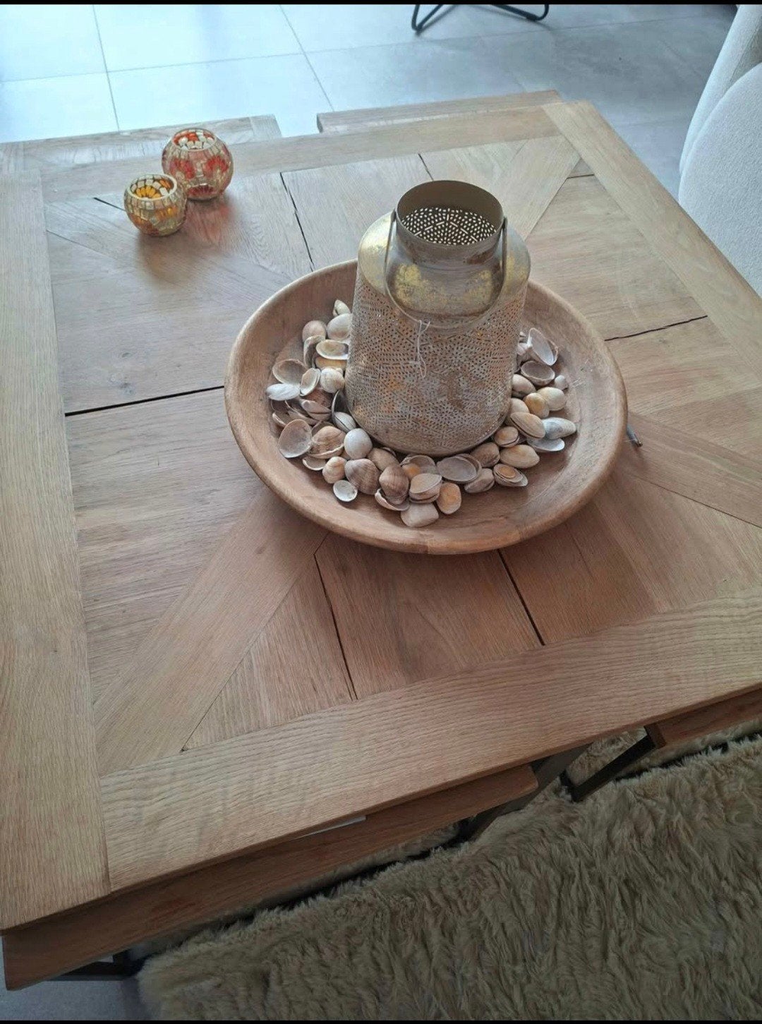 eiken salontafel 1 m op 1m, +.4 eikenbijzettafels, Enlèvement