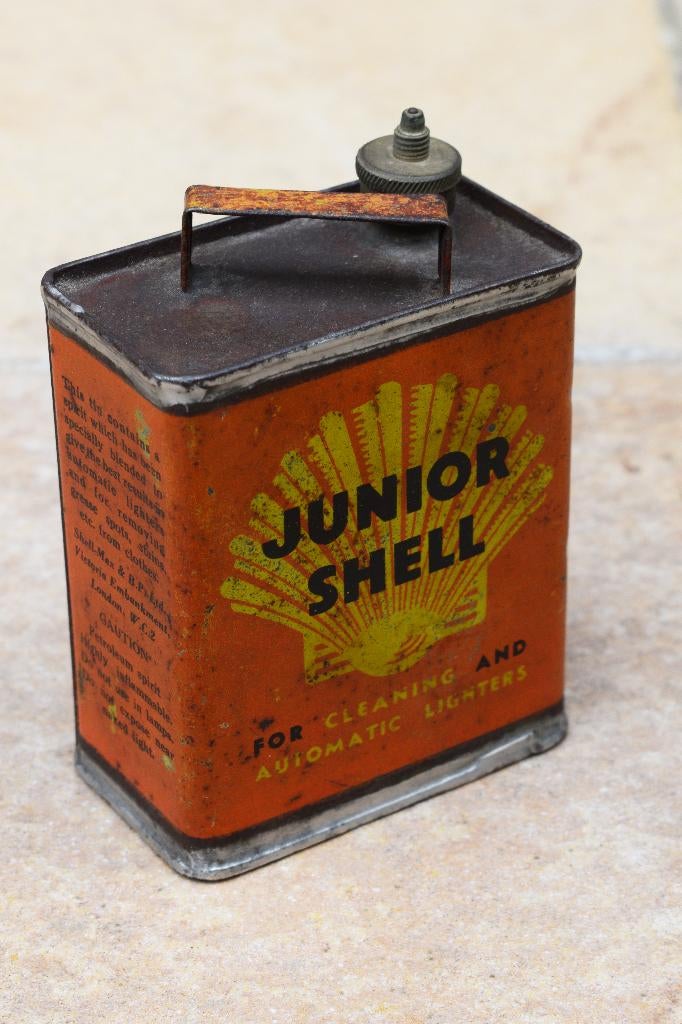 ancien bidon huile shell junior 1930, Collections, Enlèvement ou Envoi, Utilisé, Panneau publicitaire
