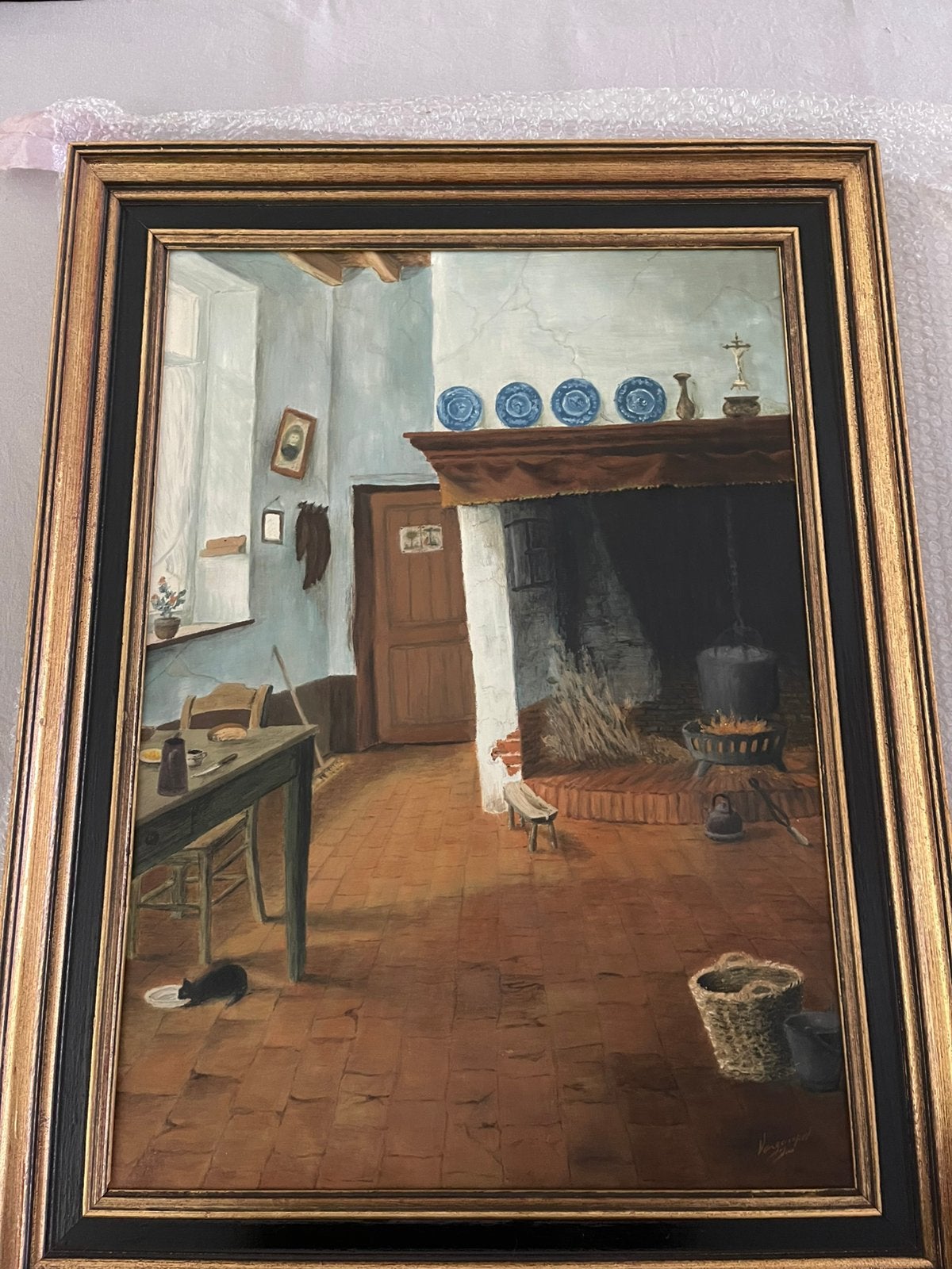 Peinture signée — intérieur ancien avec cheminée, Enlèvement, Signé
