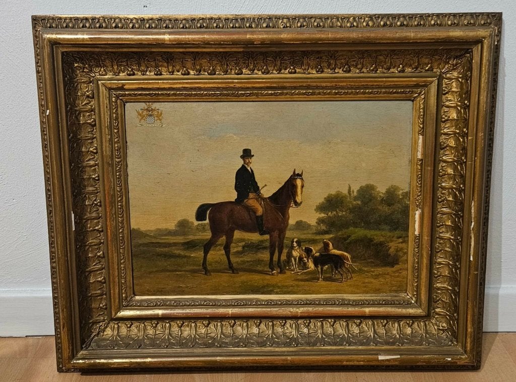 Tableau XIXe Portrait Équestre & Chasse – (de Kerchove), Portrait ou Personnes, Peinture à l'huile, Panneau, Enlèvement