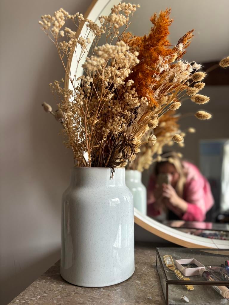 Vase en ceramique blanche et bouquet de fleurs séchées, Ophalen of Verzenden, Zo goed als nieuw