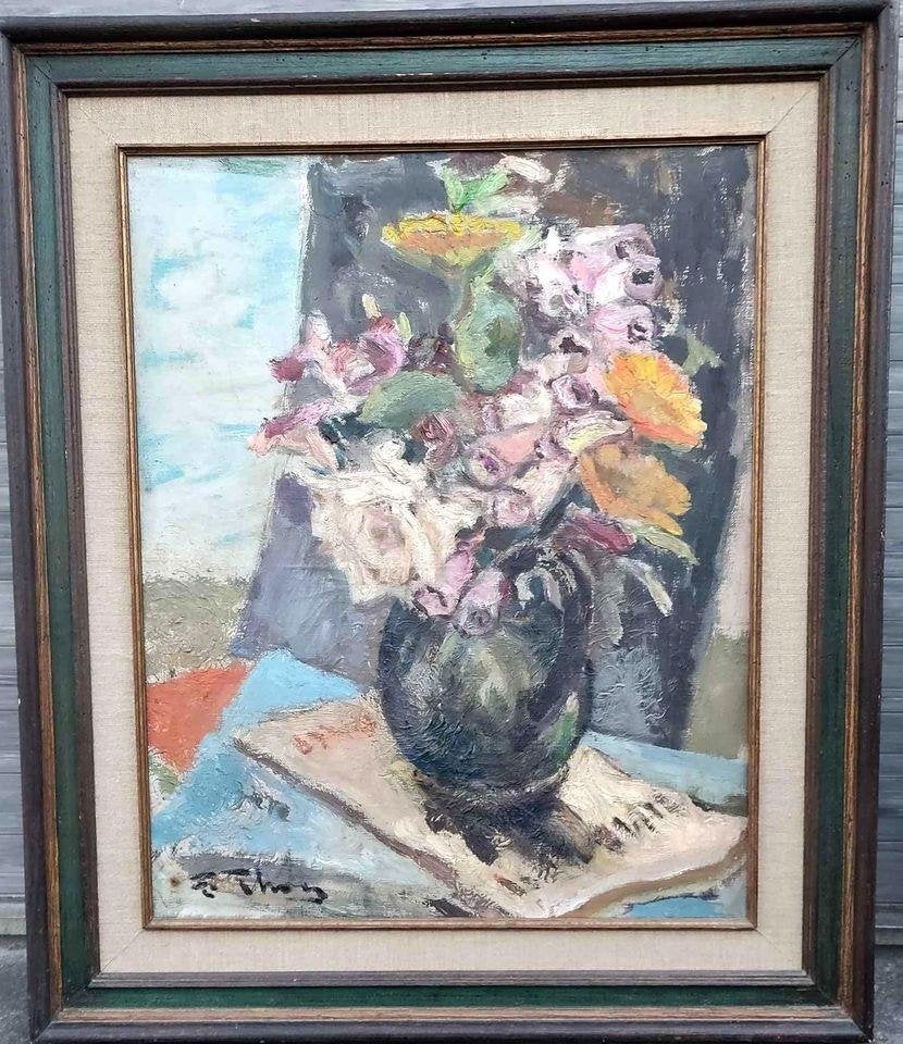 Huile sur toile fleurs signe Fernand thon, Antiquités & Art, Art | Peinture | Classique, Enlèvement ou Envoi, Fleurs, Toile