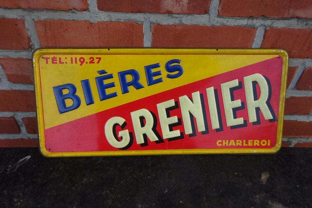 Bières Grenier Charleroi plaque en tôle originale de 1935, Enlèvement, Utilisé, Panneau publicitaire