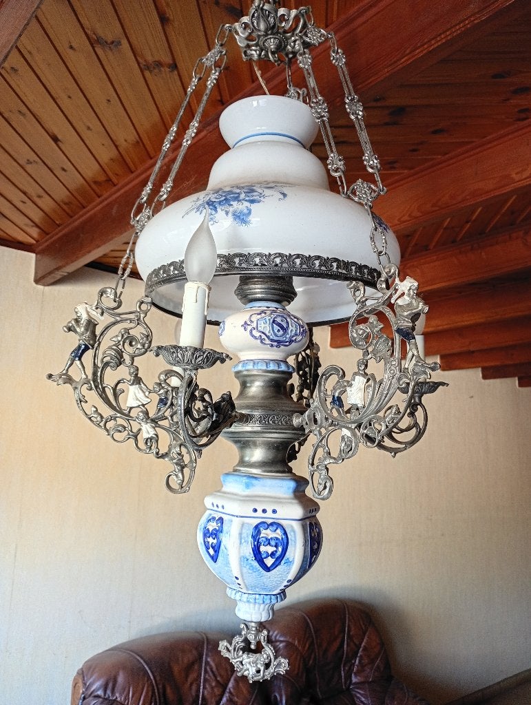 Indrukwekkende kroonluchter tin glas aardewerk, Huis en Inrichting, Ophalen, Rustiek, E27 (groot), Zo goed als nieuw
