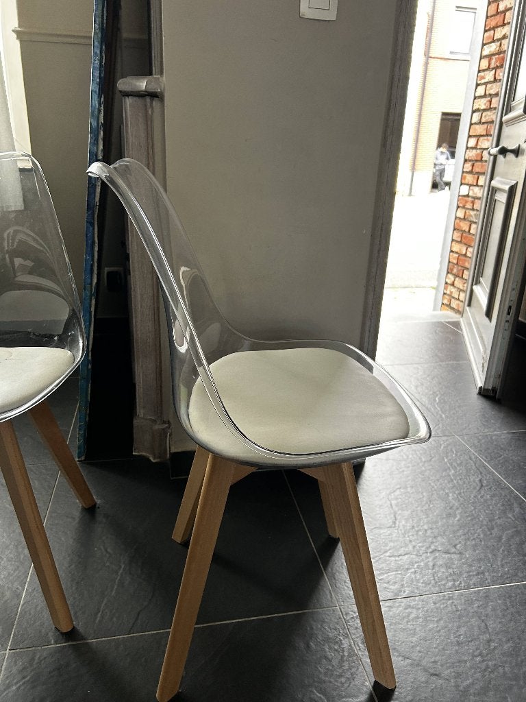 Transparante design stoelen met kussen – houten poten (set), Ophalen, Wit
