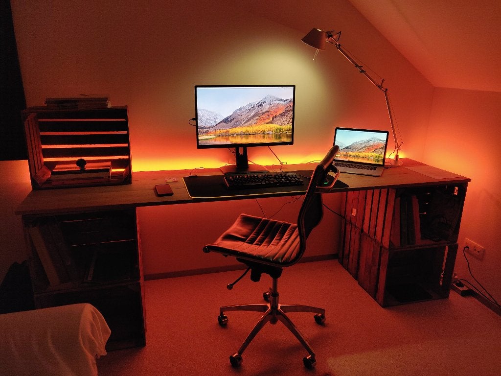 Bureau Meranti-hout +oude houten fruitkistjes LEDverlichting, Huis en Inrichting, Gebruikt, Bruin, Industrieel, Overige merken
