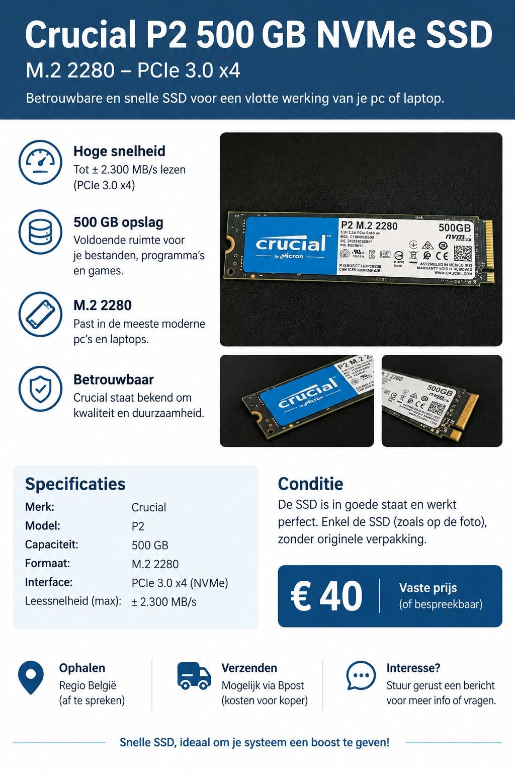 Te koop: Crucial P2 500GB NVMe SSD., Computers en Software, Ophalen, 500gb, SSD, Zo goed als nieuw