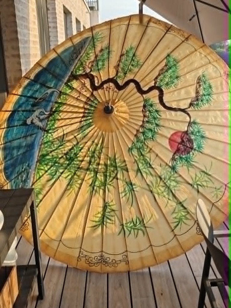 Prachtige  parasol diameter 2.5m hoogte 2.45m, Enlèvement ou Envoi, Étanche, Comme neuf, 2 à 3 mètres