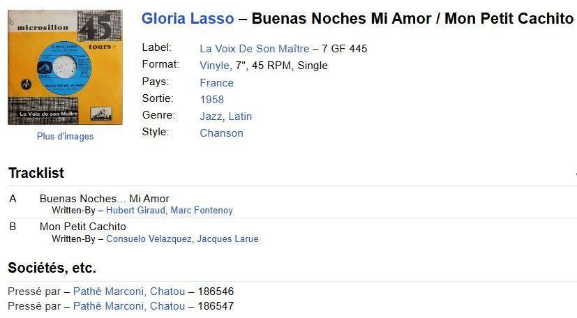 Gloria Lasso; Buenas Noches Mi Amor/Mon Petit Cachito (1958), Ophalen of Verzenden, Gebruikt, Overige formaten, Jazz