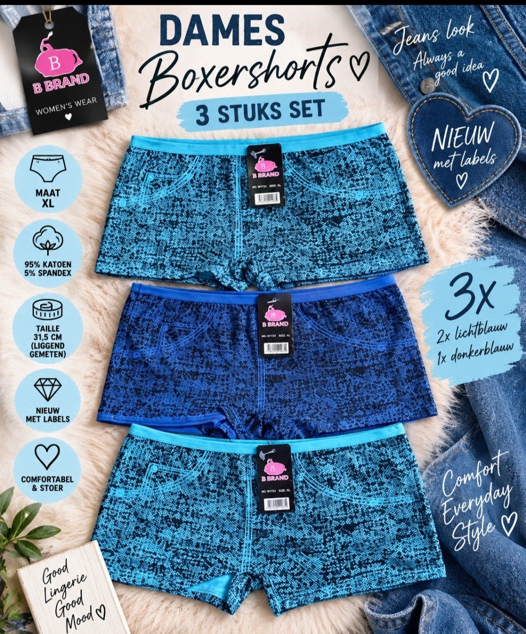 3x Nieuwe Boxershorts Maat XL - B.Brand, Kleding | Dames, B.Brand, Ophalen of Verzenden, Blauw, Broekje of Short
