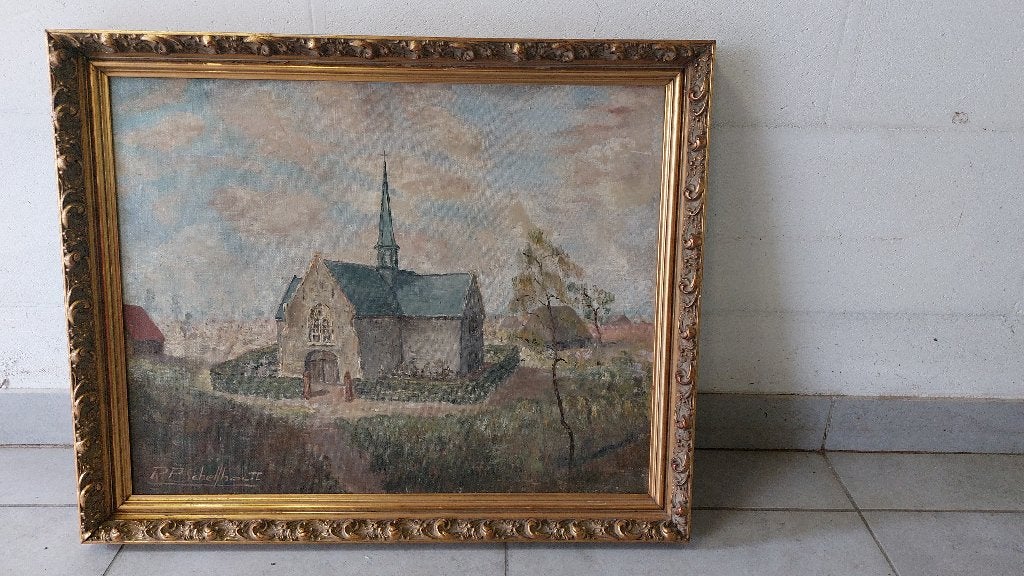 Schilderij van kerkje, Antiquités & Art, Signé, Enlèvement, Paysage urbain / rural, Toile