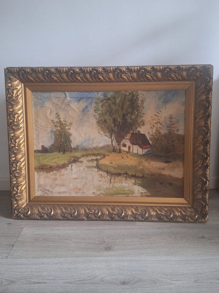Olieverfschilderij Landschap met Gouden Lijst, Antiek en Kunst, Kunst | Schilderijen | Klassiek, Doek, Realistisch, Ophalen of Verzenden