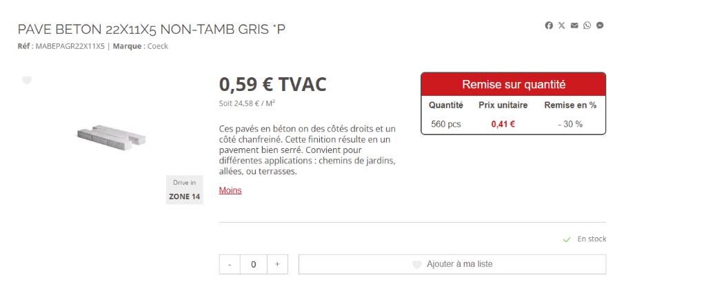 Coeck PAVE BETON 22X11X5 GRIS, Enlèvement
