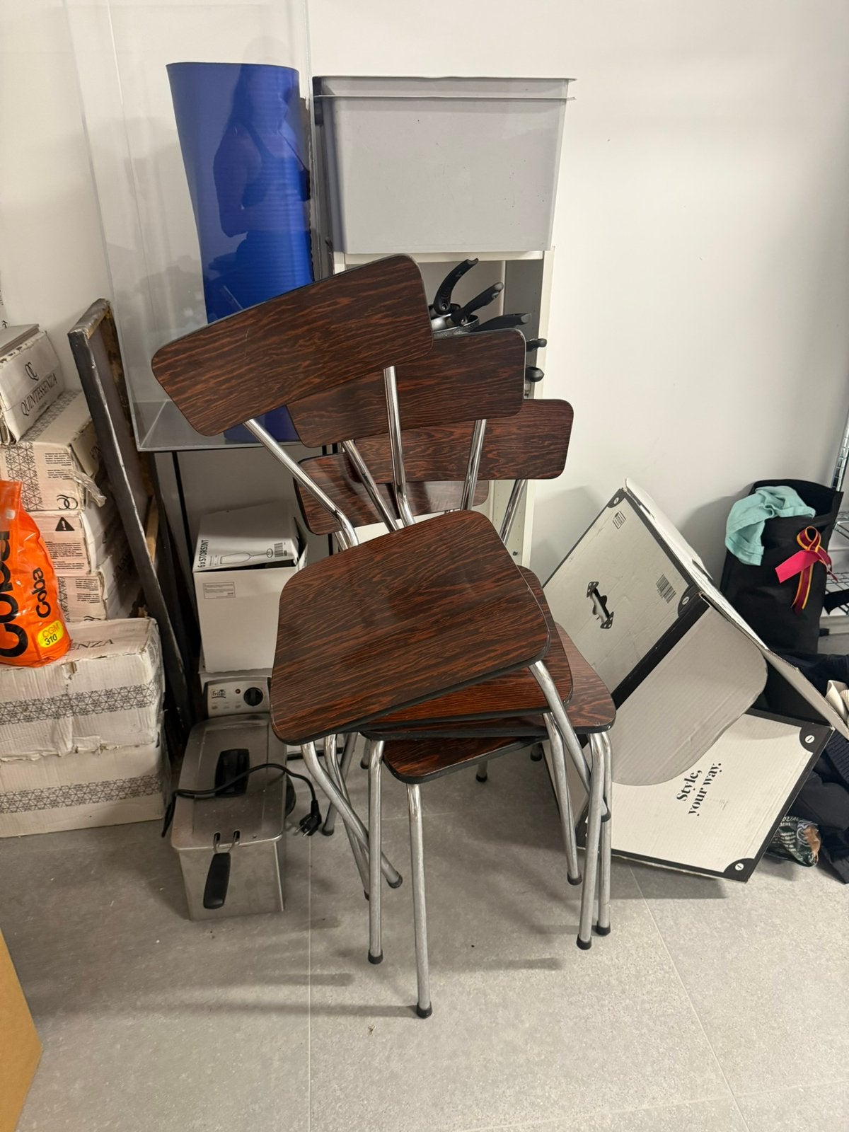 4 vintage stoelen van Formica en chroom uit de jaren 60, Ophalen, Gebruikt, Bruin, Vier