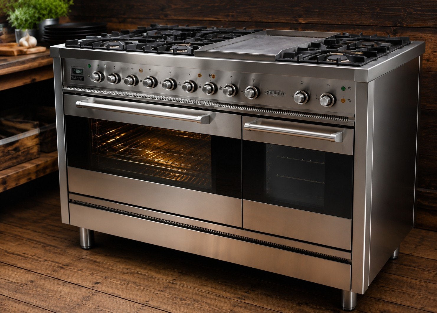 🔥 Pro Boretti 7-pits RVS-fornuis 120 cm met frytop, Elektronische apparatuur, Fornuizen, Zo goed als nieuw, Gas, 90 tot 95 cm