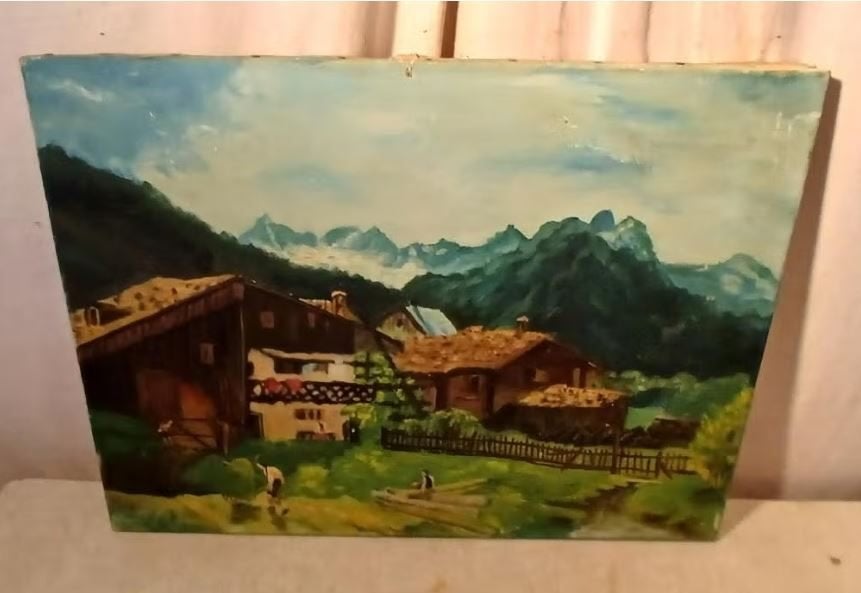 Mooi Oud Geschilderd Werk 'Dorpje Bij Bergen' - Laerenbergh, Antiek en Kunst, Kunst | Schilderijen | Klassiek, Ophalen of Verzenden