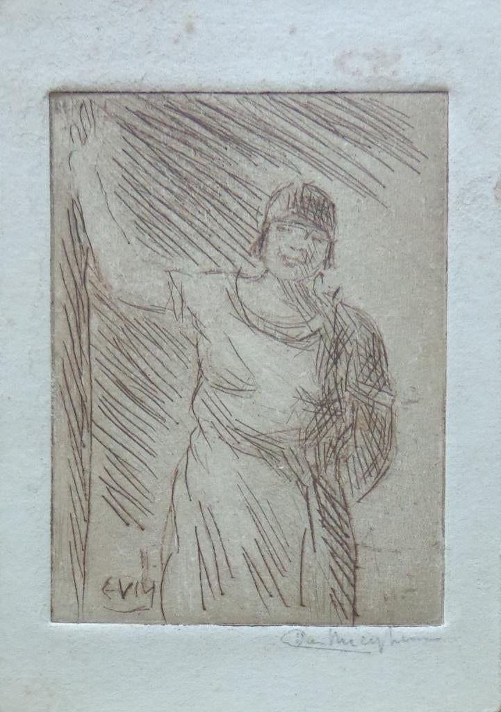 EUGEEN VAN MIEGHEM / STAANDE VROUW / ZW-W ETS 13x9cm / SIG, Antiquités & Art, Enlèvement ou Envoi
