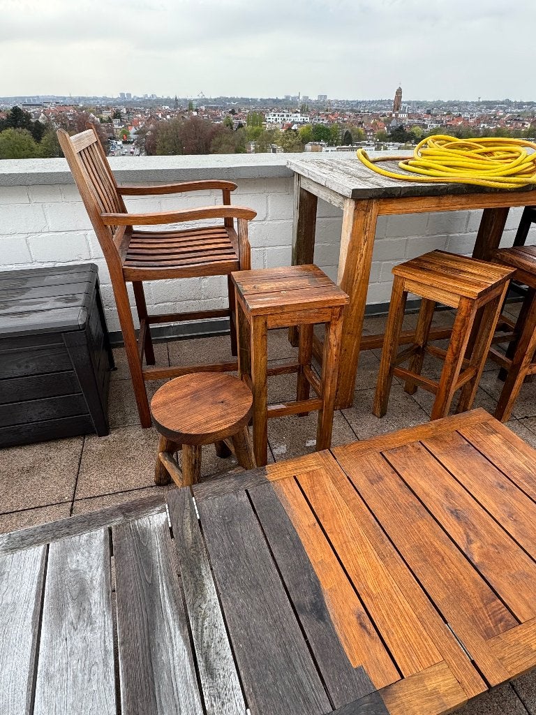 Teakhouten tafel van hoge kwaliteit en 4 krukken, Ophalen, Gebruikt, 90 cm of meer, 4 krukken