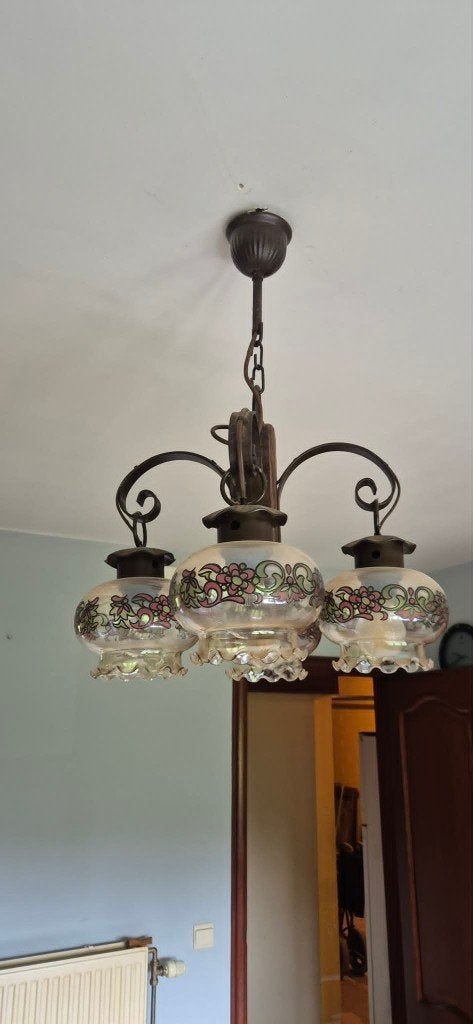 Lustre rustique en fer forgé et bois 4 branches, Enlèvement, Comme neuf, Verre, Rustique