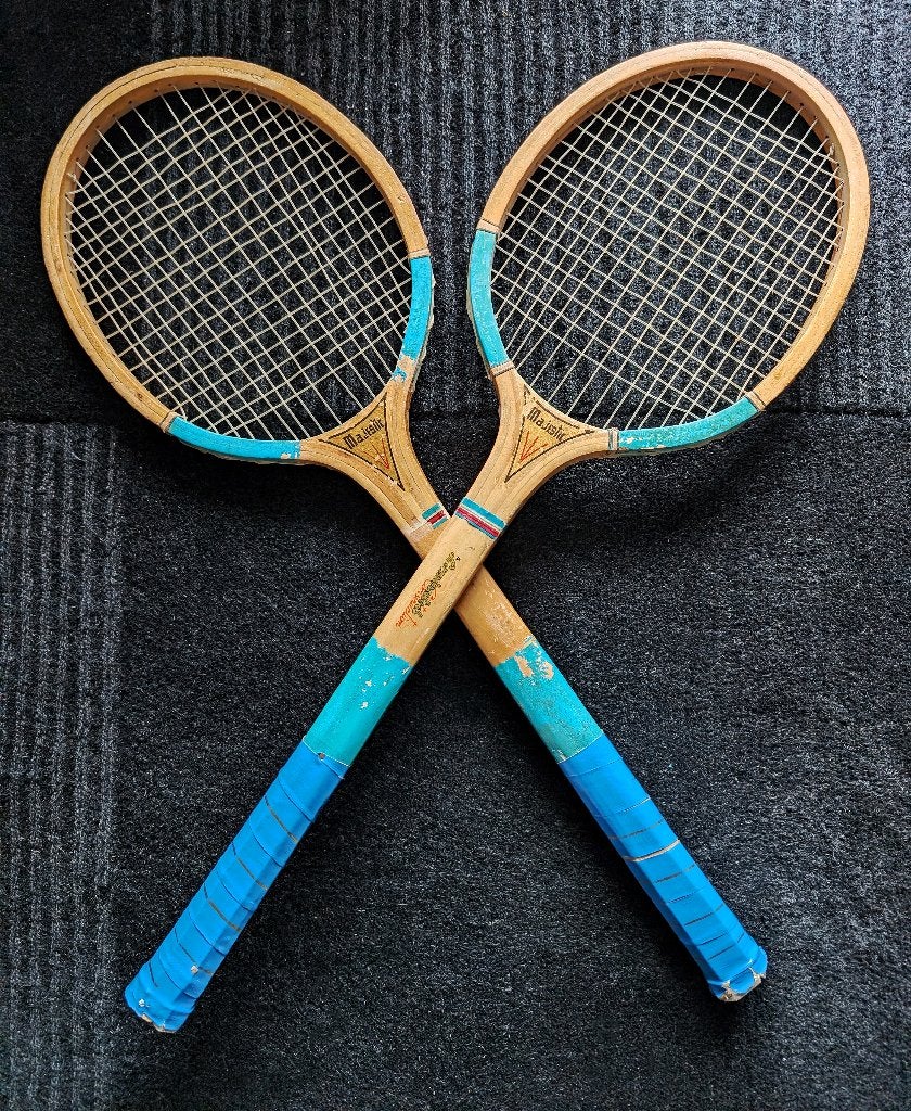 Paar vintage Majestic houten tennisrackets — 1950, Verzenden, Gebruikt, Racket, Overige merken