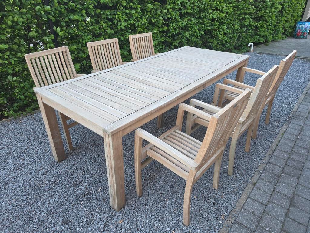 Massieve teak tuinset tafel 240x100 + 6 stapelbare stoelen., Ophalen, Gebruikt, 6 zitplaatsen, Teakhout