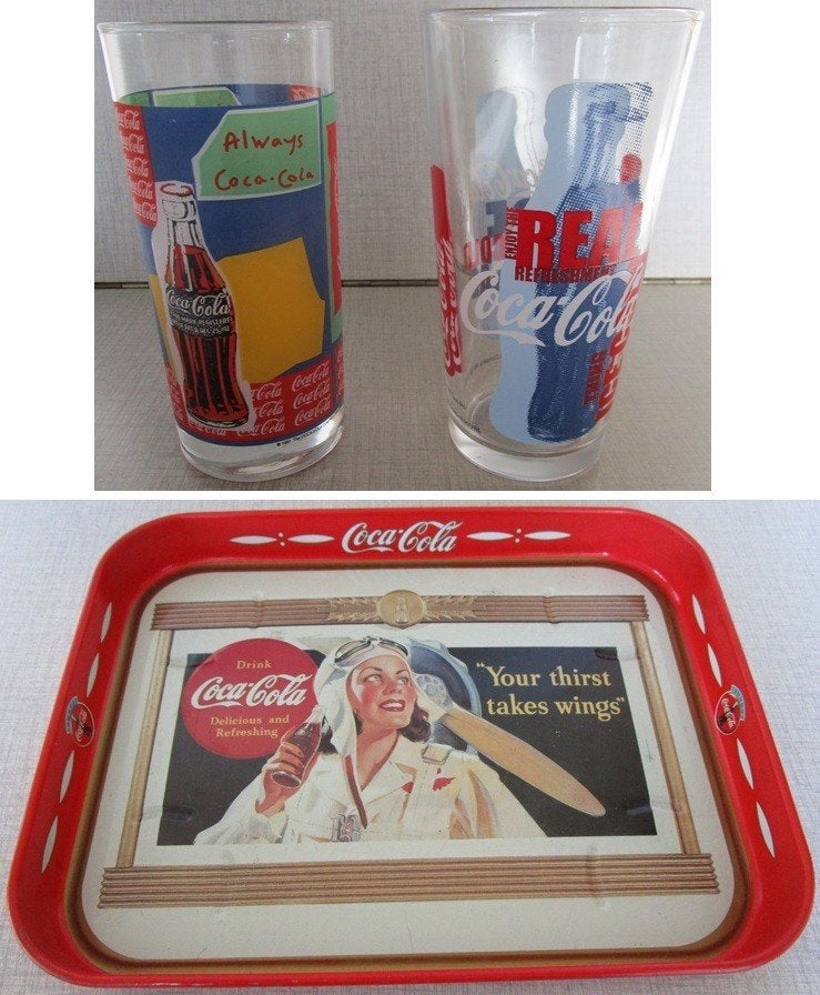 Vintage Coca-Cola set: 2 glazen + dienblad, Ophalen of Verzenden, Gebruikt, Gebruiksvoorwerp