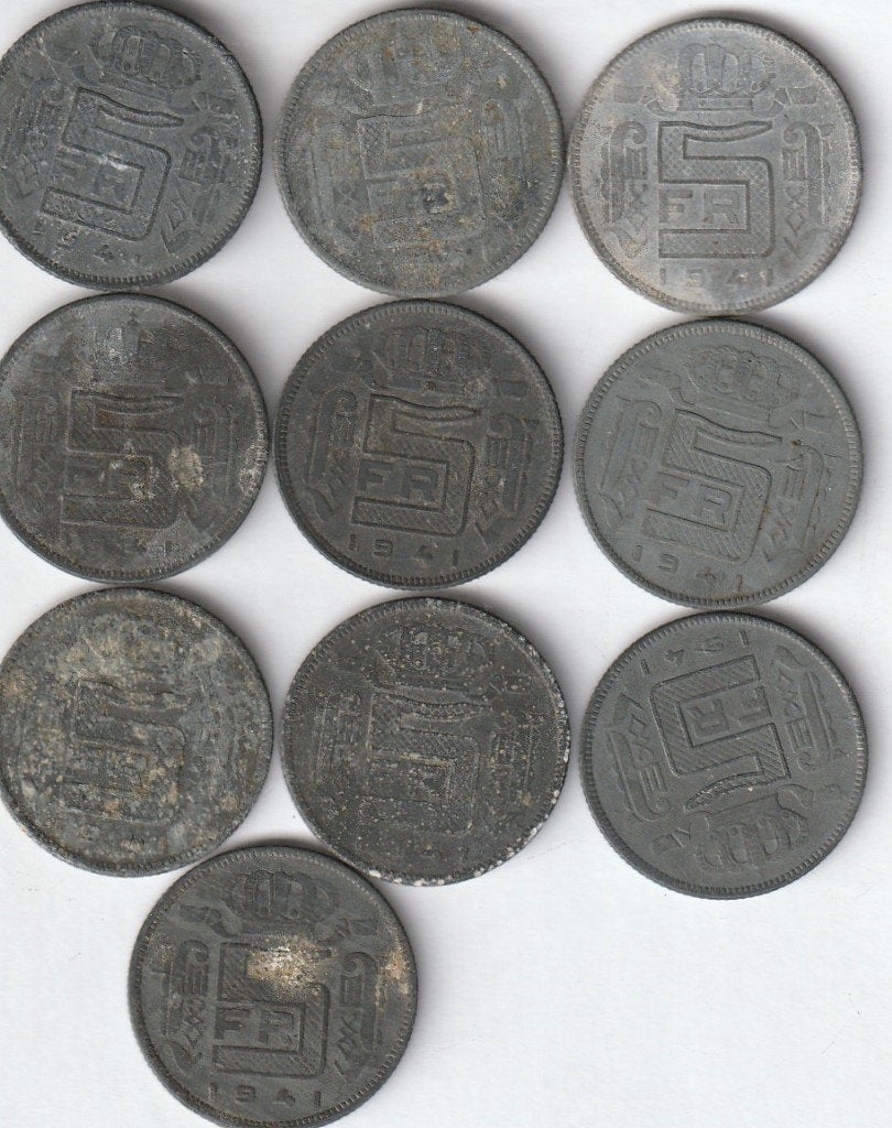 10anciennes pièces de 5 francs type Rau en zinc Léopold III, Envoi, Autre, Monnaie en vrac