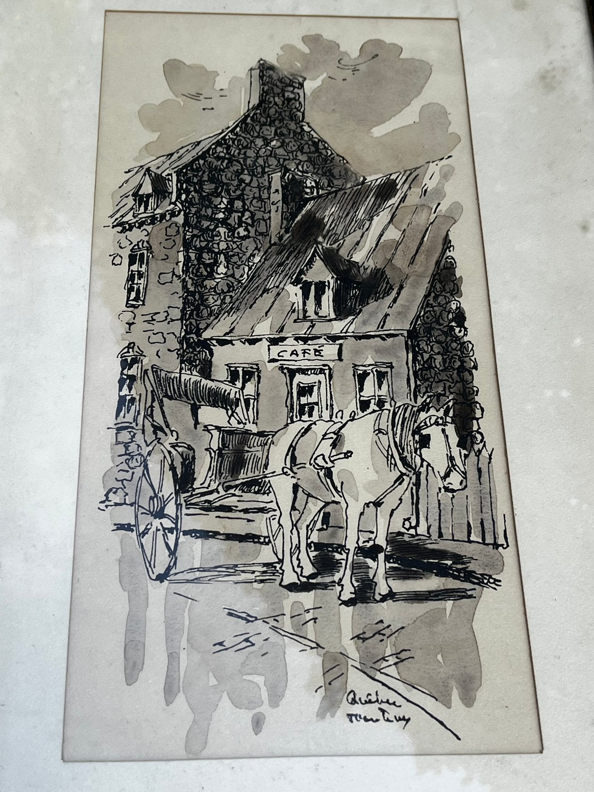 Oude pentekening lavis Vieux Québec maison Jacquet koets, Antiquités & Art, Enlèvement ou Envoi, Sous verre, Papier