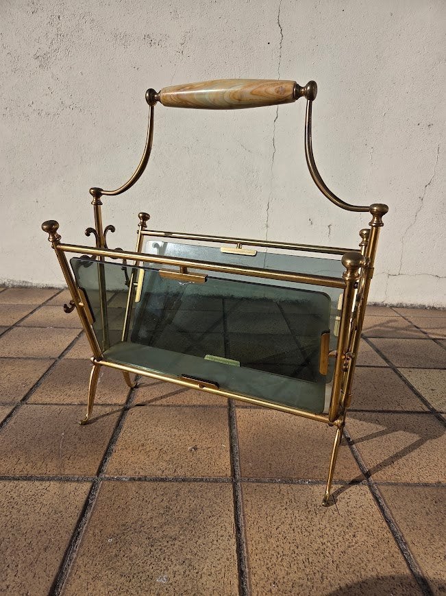 Vintage krantenrek in glas en metaal, Ophalen, Met handvat, Gebruikt, Metaal