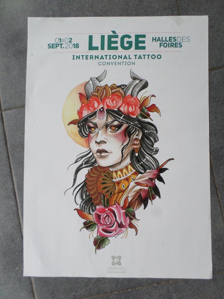 International tattoo Liège - affiche 60x40 - 2018, Enlèvement ou Envoi, Rectangulaire vertical, A1 jusqu'à A3, Utilisé