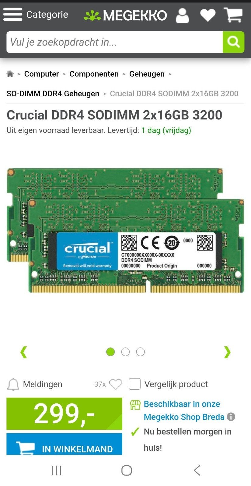 Ram ddr4 2x16go 3200mhz Crucial, Enlèvement, DDR4