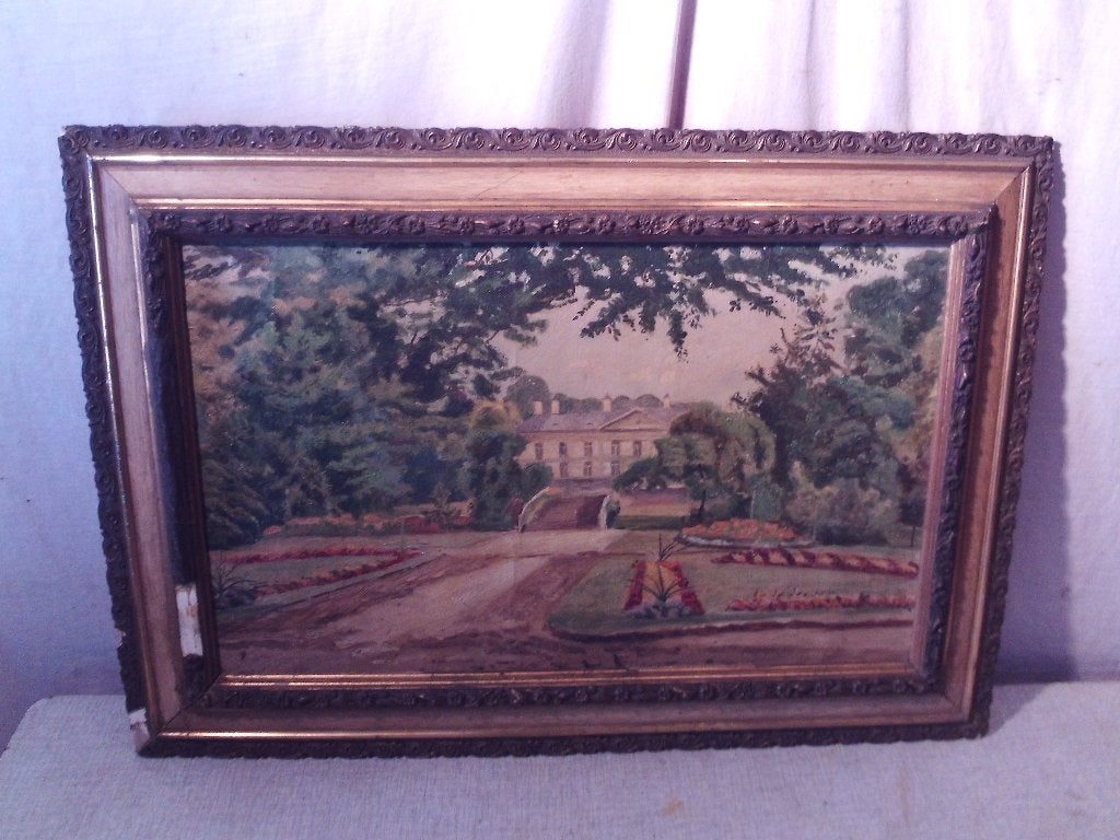 Mooi Oud Geschilderd Werk 'Kasteel en Tuin' - 58x41, Antiek en Kunst, Doek, Bijzondere lijst, Ophalen of Verzenden, Landschap