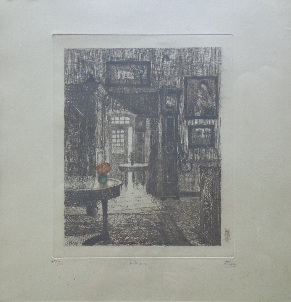 JEHAN FRISON / INTERIEUR / ZW-W ETS + AQUAREL 54x52cm KADER, Enlèvement ou Envoi, Vie quotidienne, Eau-forte, Numéroté