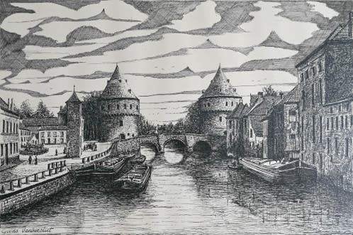 PENTEKENING GUIDO VANBIERVLIET (STADSZICHT KORTRIJK), Antiek en Kunst, Kunst | Tekeningen en Fotografie, Ophalen