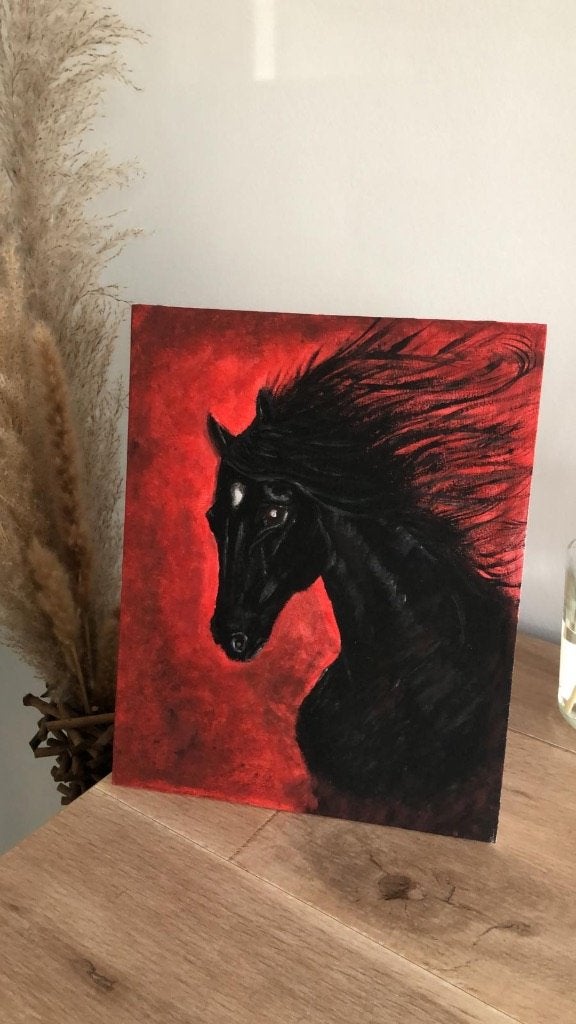 Cheval noir original - peinture acrylique peinte à la main, Antiquités & Art, Enlèvement, Peint à la main, Peinture acrylique