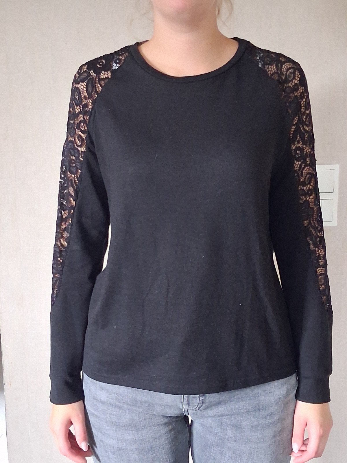 leuke pull met kanten mouw, Zwart, Gedragen, Shein, Ophalen