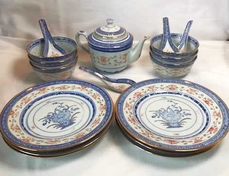 Chinees servies rijstkom lepel bord porselein 6 persoon💎👌, Antiek en Kunst, Ophalen of Verzenden