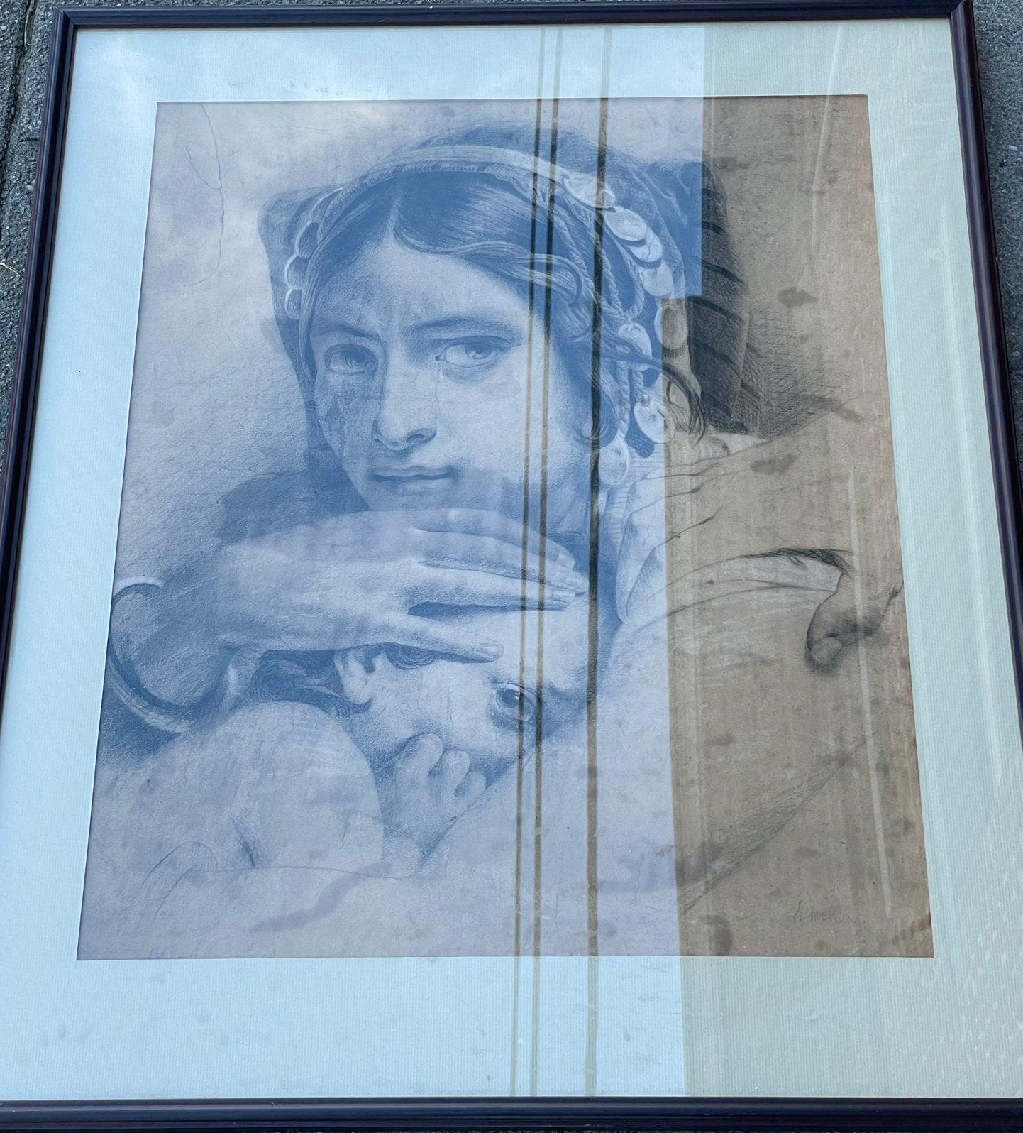 Originele houtskool tekening moeder mer kind gesigneerd, Ophalen of Verzenden