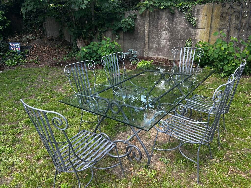 Gietijzeren tuintafel met 6 stoelen, Enlèvement, Comme neuf