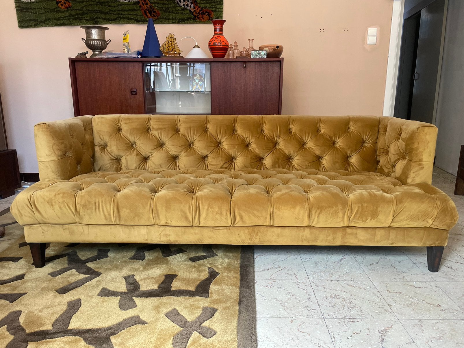 Eleonora Bank 'Vogue' Velvet 214cm, kleur oker fluweel, Huis en Inrichting, Ophalen, Zo goed als nieuw, Stof