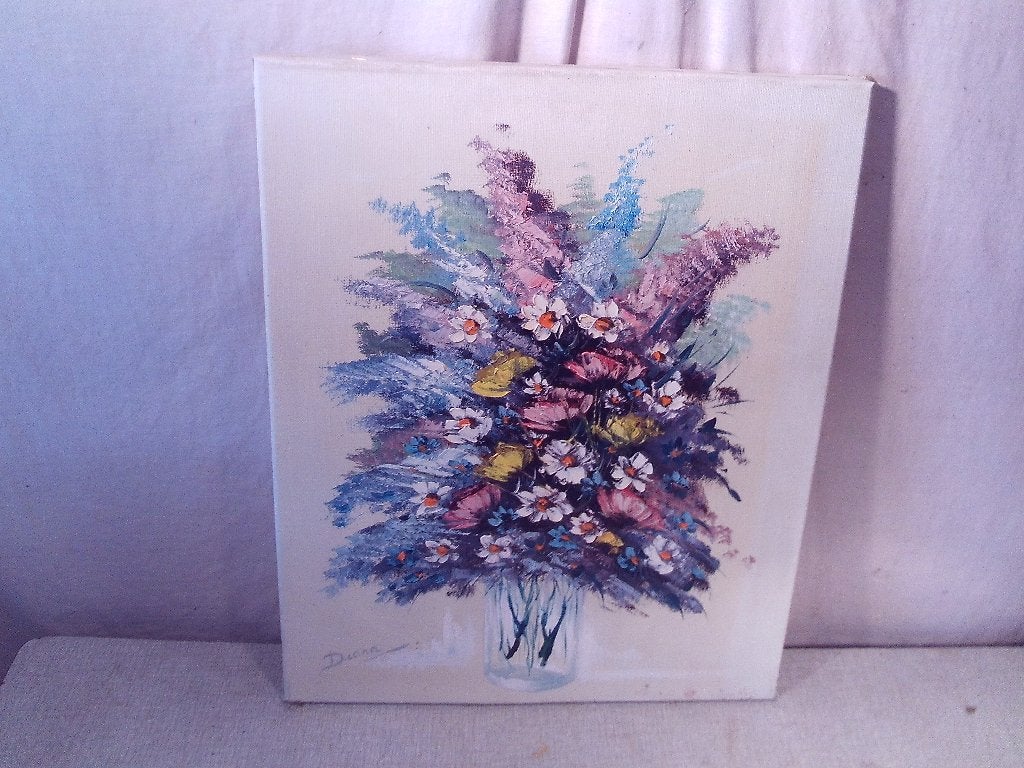 Mooi Geschilderd Werk 'Bloemen in Glazen Pot' - Diane, Antiek en Kunst, Bloemen, Doek, Ophalen of Verzenden, Olieverf