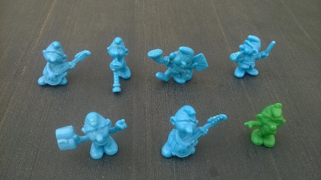 7 Minismurfs dont 6 pour OMO, Collections, Schtroumpfs, Enlèvement ou Envoi, Utilisé, Différents Schtroumpfs, Poupée, Figurine ou Peluche