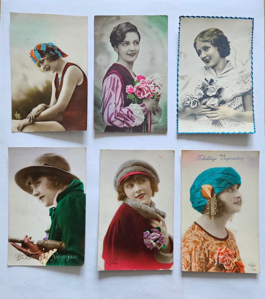 6 vintage handgekleurde prentkaarten jaren 1920, Diversen, Wenskaarten, Ophalen of Verzenden, Gebruikt